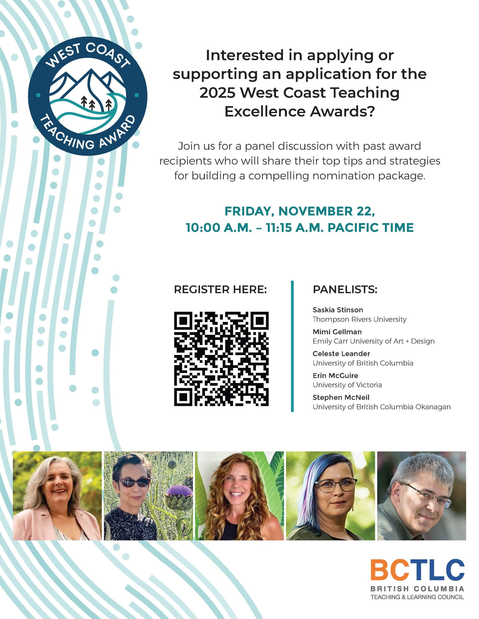 Poster promoting a panel discussion with previous recipients of the West Coast Teaching Excellence Awards. The panel is Friday, November 22, 2024, at 10 a.m. Pacific Time.