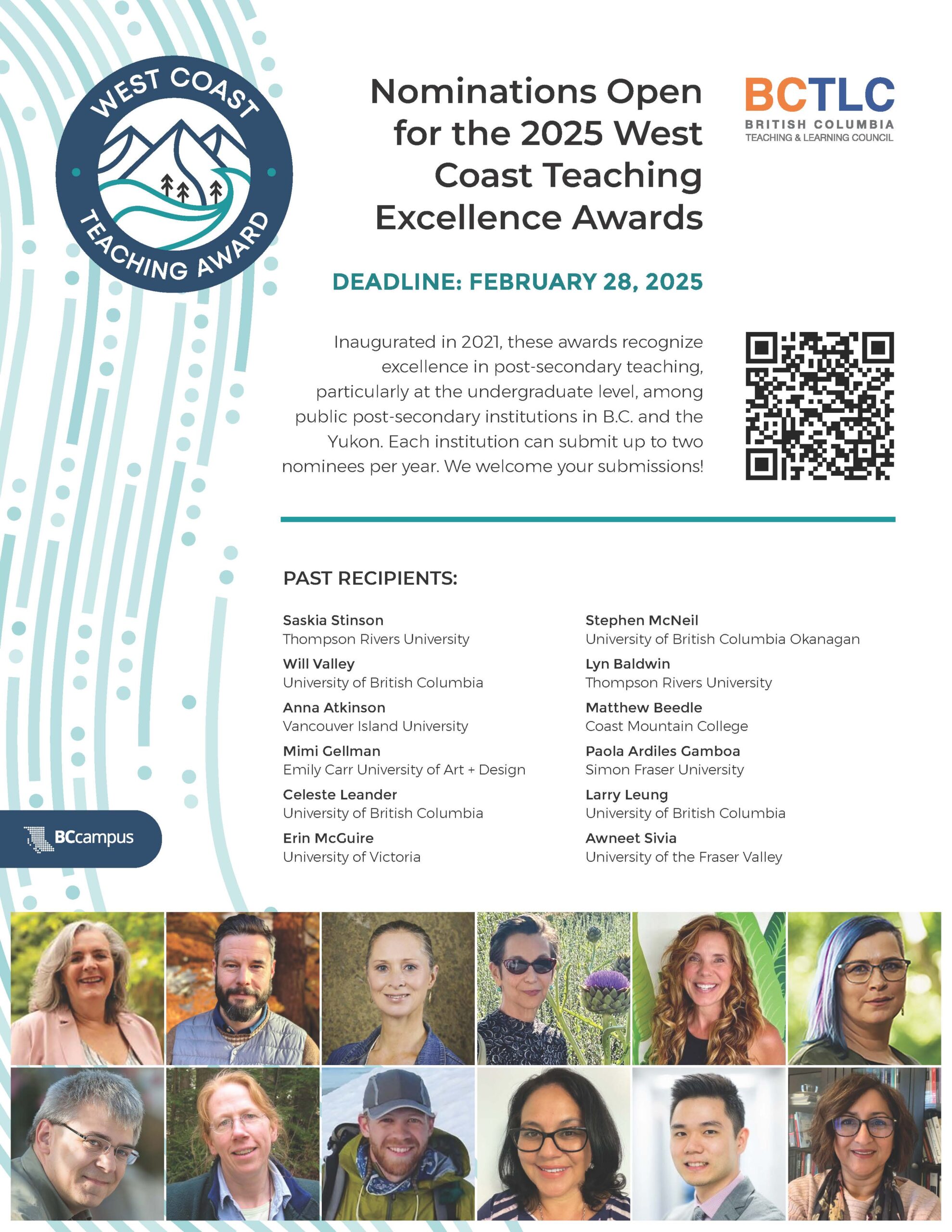 Flyer advertising the West Coast Teaching Excellence Award call for nominations for 2025.